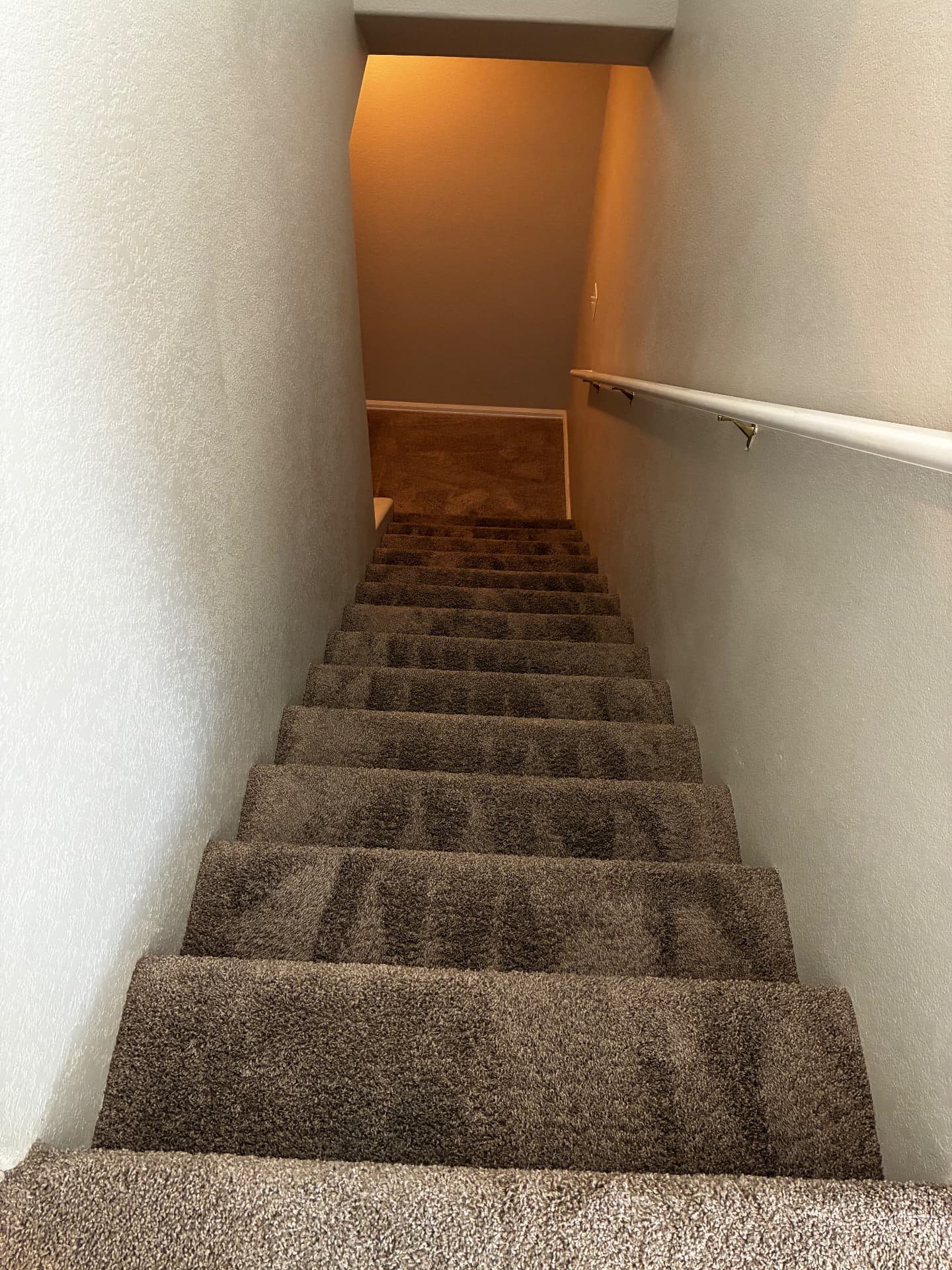 Carpeted staircase cleaned tread by tread during a residential carpet cleaning