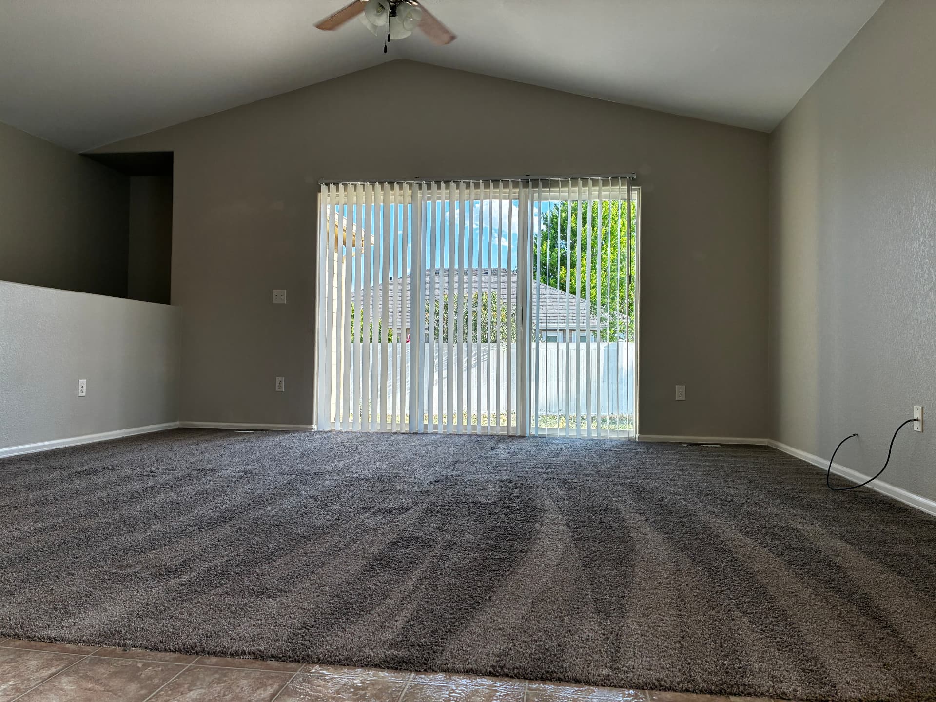 Living room carpet cleaned with fresh grooming lines in a vacant Colorado home