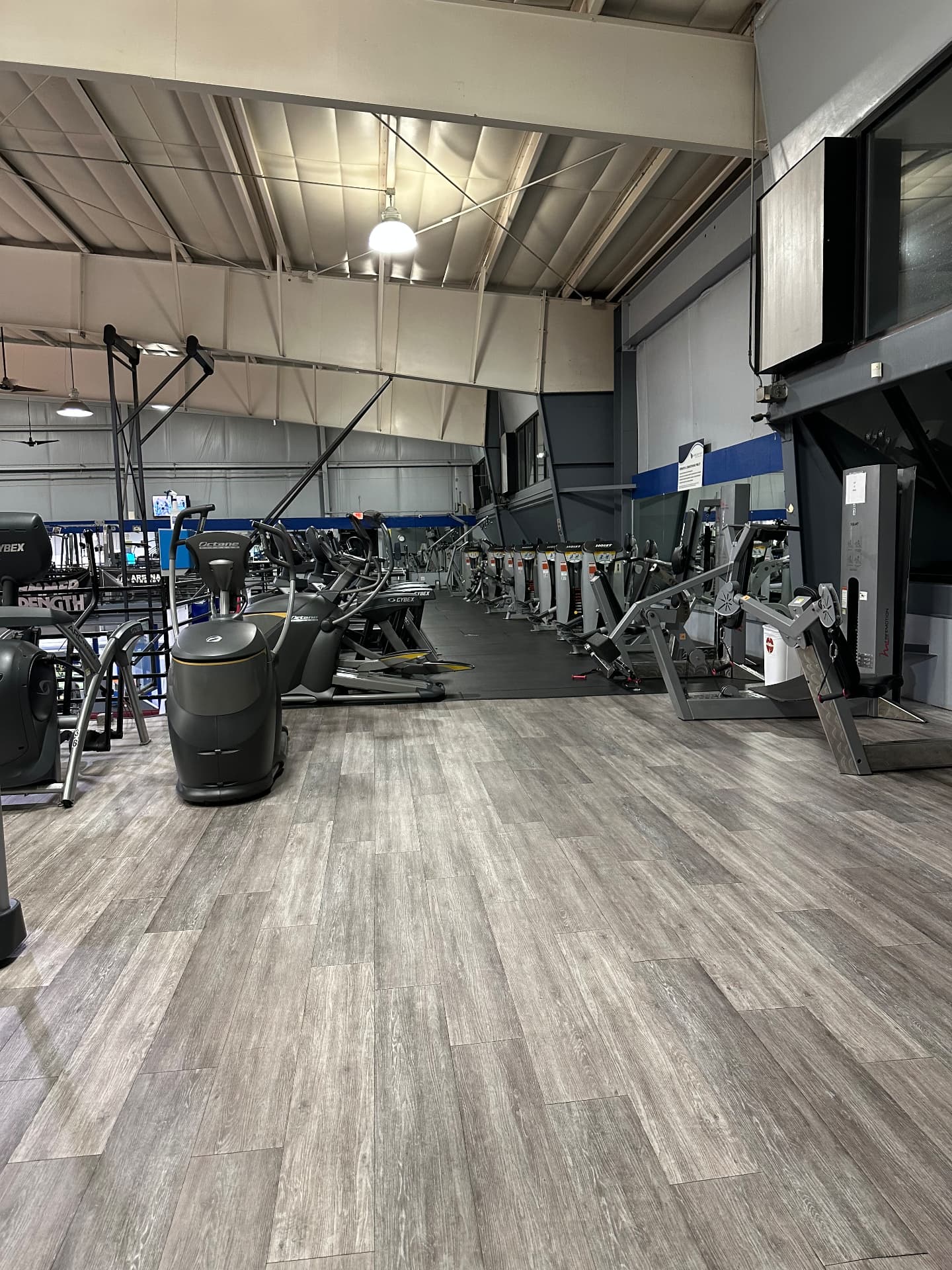 Cardio floor cleaning Fitness facility cardio area with cleaned vinyl plank flooring and wiped-down ellipticals and treadmills